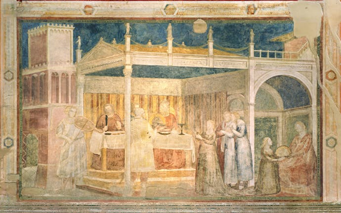 Giotto, “Banchetto di Erode; Salomè presenta la testa del Battista a Erodiade”, scena delle “Storie di san Giovanni Battista e san Giovanni Evangelista”, 1310-1311 circa, pittura murale. Firenze, Santa Croce, transetto destro, cappella Peruzzi Giotto, “Banchetto di Erode; Salomè presenta la testa del Battista a Erodiade”, scena delle “Storie di san Giovanni Battista e san Giovanni Evangelista”, 1310-1311 circa, pittura murale. Firenze, Santa Croce, transetto destro, cappella Peruzzi