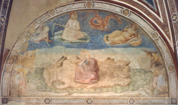 Giotto, “Visione apocalittica di san Giovanni Evangelista in esilio nell’isola di Patmos”, scena delle “Storie di san Giovanni Battista e san Giovanni Evangelista”, 1310-1311 circa, pittura murale. Firenze, Santa Croce, transetto destro, cappella Peruzzi Giotto, “Visione apocalittica di san Giovanni Evangelista in esilio nell’isola di Patmos”, scena delle “Storie di san Giovanni Battista e san Giovanni Evangelista”, 1310-1311 circa, pittura murale. Firenze, Santa Croce, transetto destro, cappella Peruzzi