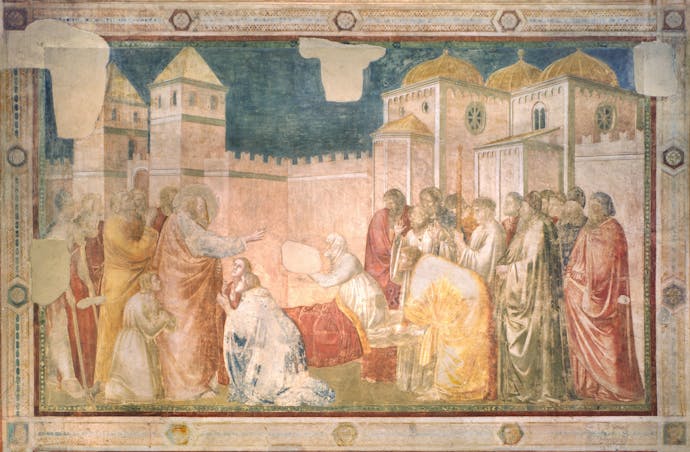 Giotto, “Resurrezione di Drusiana”, scena delle “Storie di san Giovanni Battista e di san Giovanni Evangelista”, 1310-1311 circa, pittura murale. Firenze, Santa Croce, transetto destro, cappella Peruzzi