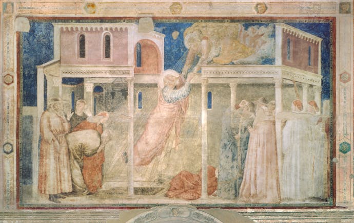 Giotto, “Morte e assunzione di san Giovanni Evangelista”, scena delle “Storie di san Giovanni Battista e san Giovanni Evangelista”, 1310-1311 circa, pittura murale. Firenze, Santa Croce, transetto destro, cappella Peruzzi