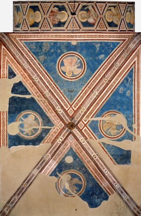 Giotto, “Simboli degli Evangelisti” (volta), “Otto busti di profeti” (archivolto), 1310-1311 circa, pittura murale. Firenze, Santa Croce, transetto destro, cappella Peruzzi Giotto, “Simboli degli Evangelisti” (volta), “Otto busti di profeti” (archivolto), 1310-1311 circa, pittura murale. Firenze, Santa Croce, transetto destro, cappella Peruzzi