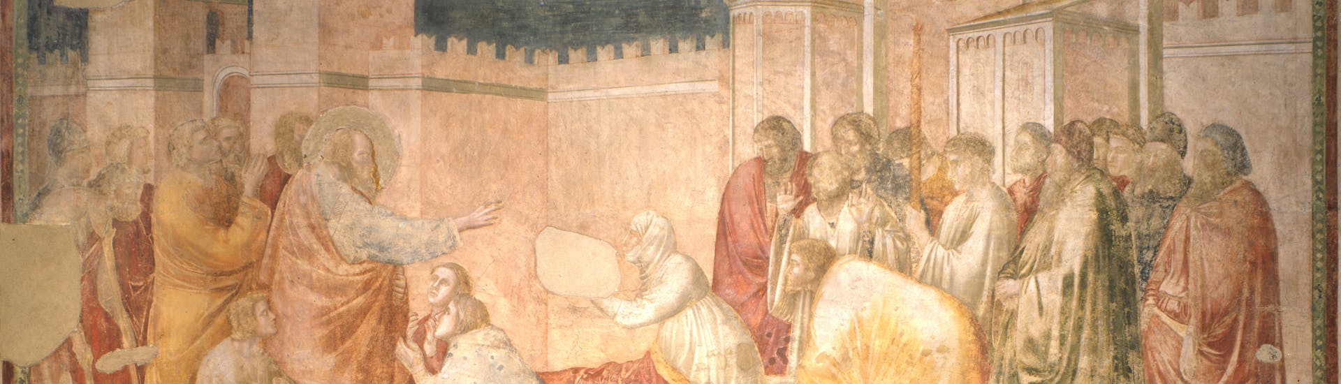 Giotto, “Resurrezione di Drusiana”, scena delle “Storie di san Giovanni Battista e di san Giovanni Evangelista”, 1310-1311 circa, pittura murale. Firenze, Santa Croce, transetto destro, cappella Peruzzi Giotto, “Resurrezione di Drusiana”, scena delle “Storie di san Giovanni Battista e di san Giovanni Evangelista”, 1310-1311 circa, pittura murale. Firenze, Santa Croce, transetto destro, cappella Peruzzi