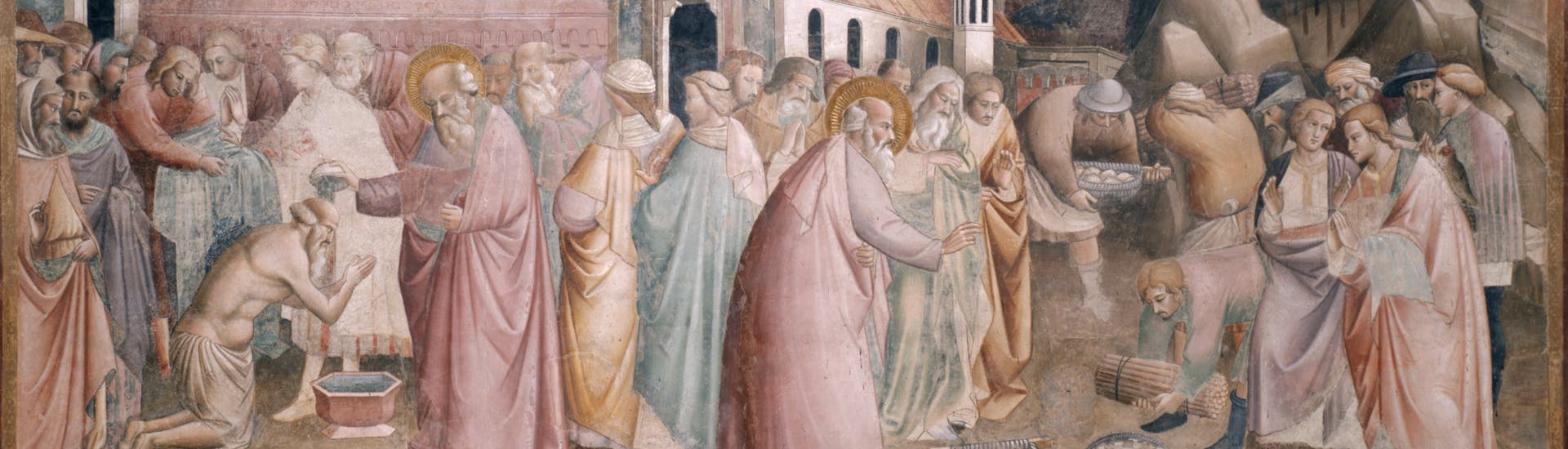 Agnolo Gaddi, “San Giovanni battezza il filosofo Cratone; trasforma sterpi in oro e sassi in pietre preziose”, particolare delle “Storie di san Giovanni Evangelista”, 1383-1385 circa, affresco. Firenze, Santa Croce, transetto destro, cappella Castellani Agnolo Gaddi, “San Giovanni battezza il filosofo Cratone; trasforma sterpi in oro e sassi in pietre preziose”, particolare delle “Storie di san Giovanni Evangelista”, 1383-1385 circa, affresco. Firenze, Santa Croce, transetto destro, cappella Castellani
