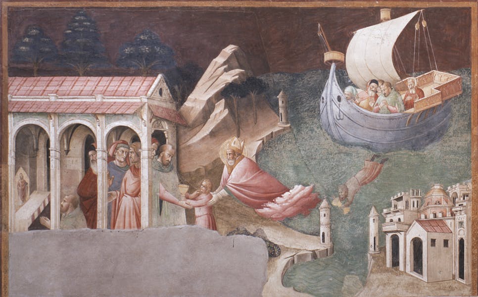 Agnolo Gaddi, Miracle of the Golden Cup, scene from the Stories of the Lives of St. Athony the Abbot, St. John the Baptist, St. John the Evangelist and St. Nicholas of Bari, c. 1383–5. Basilica of Santa Croce, south transept, Castellani Chapel Agnolo Gaddi, Miracle of the Golden Cup, scene from the Stories of the Lives of St. Athony the Abbot, St. John the Baptist, St. John the Evangelist and St. Nicholas of Bari, c. 1383–5. Basilica of Santa Croce, south transept, Castellani Chapel