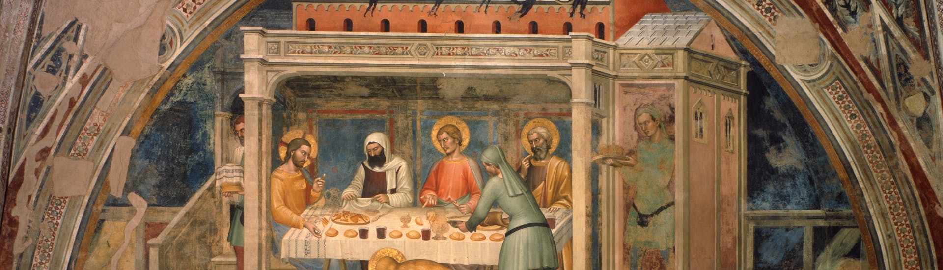 Giovanni da Milano, "La Maddalena lava i piedi di Cristo in casa di Simone Fariseo", scena delle "Storie di Maria Maddalena", 1359-1366 circa, affresco. Firenze, Santa Croce, sagrestia, cappella Rinuccini Giovanni da Milano, "La Maddalena lava i piedi di Cristo in casa di Simone Fariseo", scena delle "Storie di Maria Maddalena", 1359-1366 circa, affresco. Firenze, Santa Croce, sagrestia, cappella Rinuccini