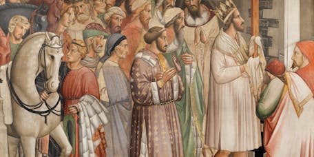 Agnolo Gaddi, "Eraclio riporta la Croce a Gerusalemme", particolare della "Leggenda della Vera Croce", 1380-1390. Basilica di Santa Croce, cappella Maggiore Agnolo Gaddi, "Eraclio riporta la Croce a Gerusalemme", particolare della "Leggenda della Vera Croce", 1380-1390. Basilica di Santa Croce, cappella Maggiore