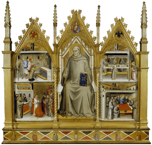 Giovanni del Biondo, "San Giovanni Gualberto in trono con quattro storie della sua vita", 1370 circa, tempera su tavola. Firenze, Santa Croce, sala del Pozzo Giovanni del Biondo, "San Giovanni Gualberto in trono con quattro storie della sua vita", 1370 circa, tempera su tavola. Firenze, Santa Croce, sala del Pozzo