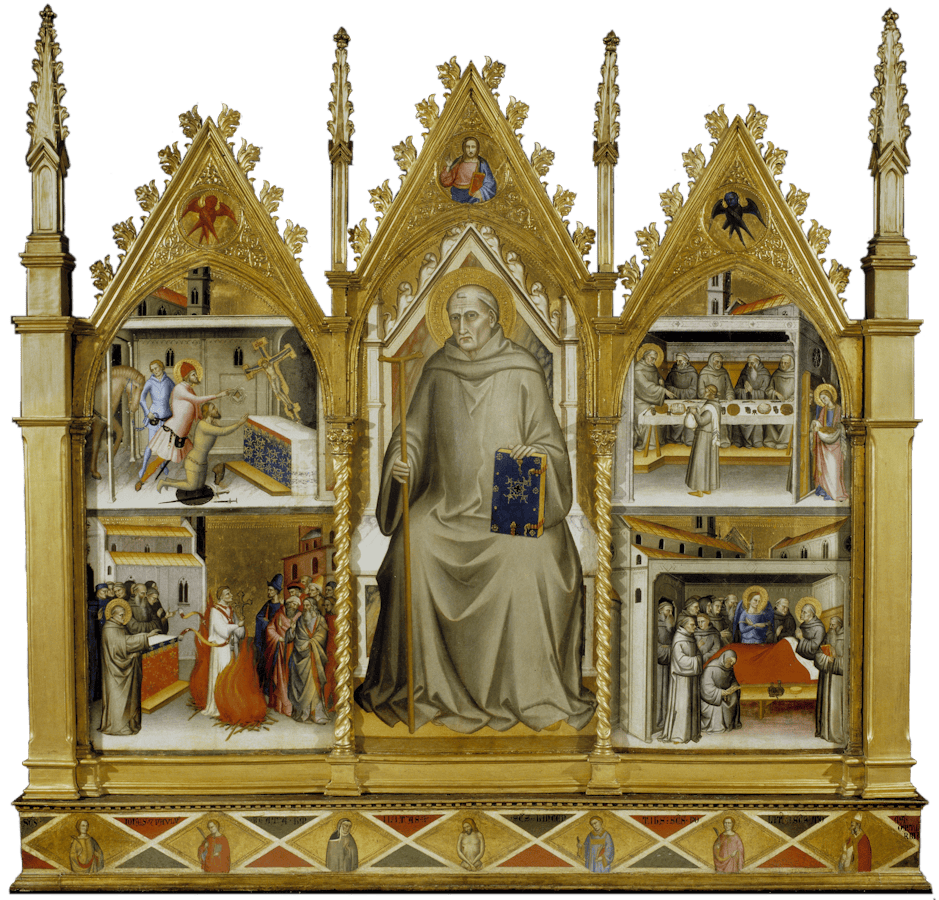 Giovanni del Biondo, "San Giovanni Gualberto in trono con quattro storie della sua vita", 1370 circa, tempera su tavola. Firenze, Santa Croce, sala del Pozzo Giovanni del Biondo, "San Giovanni Gualberto in trono con quattro storie della sua vita", 1370 circa, tempera su tavola. Firenze, Santa Croce, sala del Pozzo