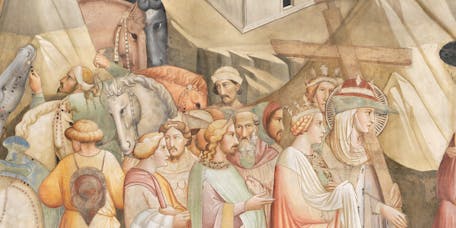 Agnolo Gaddi, “Elena porta la Vera Croce in Gerusalemme”, particolare della "Leggenda della Vera Croce", 1380-1390, affresco. Firenze, Santa Croce, cappella Maggiore Agnolo Gaddi, “Elena porta la Vera Croce in Gerusalemme”, particolare della "Leggenda della Vera Croce", 1380-1390, affresco. Firenze, Santa Croce, cappella Maggiore