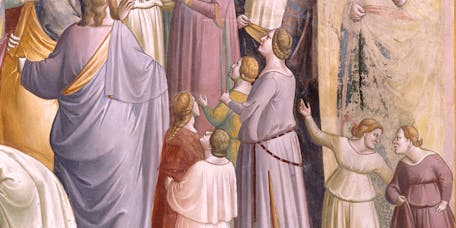 Taddeo Gaddi, “Sposalizio della Vergine”, particolare delle “Storie della Vergine”, 1328-1330 circa, affresco. Firenze, Santa Croce, transetto destro, cappella Baroncelli Taddeo Gaddi, “Sposalizio della Vergine”, particolare delle “Storie della Vergine”, 1328-1330 circa, affresco. Firenze, Santa Croce, transetto destro, cappella Baroncelli