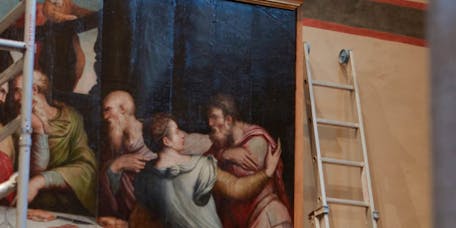 Ricollocazione dopo il restauro di Giorgio Vasari, “Ultima cena”, 1546-1547, olio su tavola. Firenze, Santa Croce, cenacolo, parete destra Ricollocazione dopo il restauro di Giorgio Vasari, “Ultima cena”, 1546-1547, olio su tavola. Firenze, Santa Croce, cenacolo, parete destra