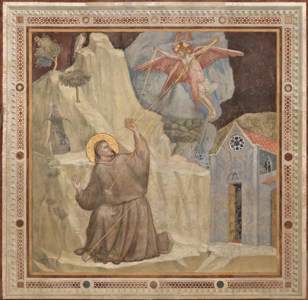 Giotto, “San Francesco riceve le stimmate”, scena delle “Storie di san Francesco”, 1317-1325, affresco. Firenze, Santa Croce, transetto destro, sopra l’arco d’ingresso della cappella Bardi Giotto, “San Francesco riceve le stimmate”, scena delle “Storie di san Francesco”, 1317-1325, affresco. Firenze, Santa Croce, transetto destro, sopra l’arco d’ingresso della cappella Bardi