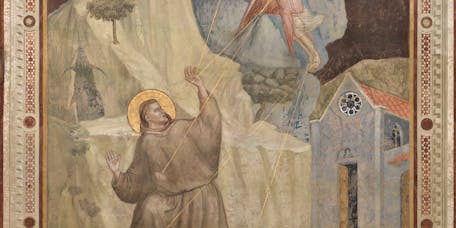 Giotto, "Stigmatisation of St. Francis", scene from the "Stories of St. Francis", c. 1317–21. Basilica of Santa Croce, transept wall above the Bardi Chapel "Stigmatisation of St. Francis" by Giotto. Basilica of Santa Croce, Bardi Chapel