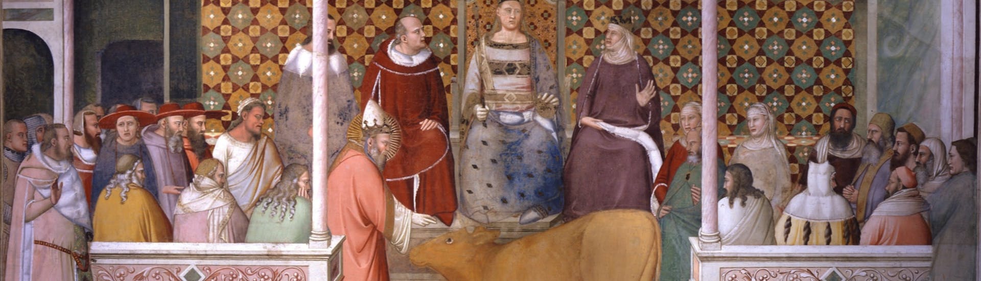 Maso di Banco, "Miracolo del toro", scena delle "Storie di san Silvestro e Costantino", 1332-1335 o 1336-1338.Basilica di Santa Croce, transetto sinistro, cappella Bardi di Mangona Maso di Banco, "Miracolo del toro", scena delle "Storie di san Silvestro e Costantino", 1332-1335 o 1336-1338.Basilica di Santa Croce, transetto sinistro, cappella Bardi di Mangona