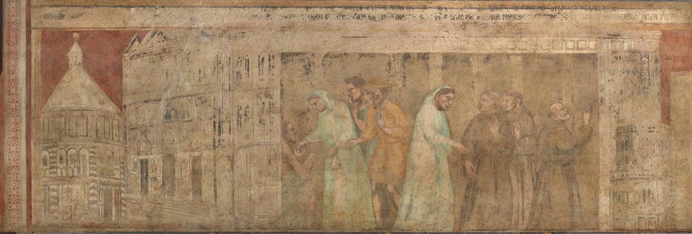 Pietro Nelli (attribuito), "Prima venuta dei Francescani a Firenze", fine del XIV secolo, affresco staccato dal loggiato superiore del primo chiostro. Firenze, basilica di Santa Croce, museo dell'Opera
