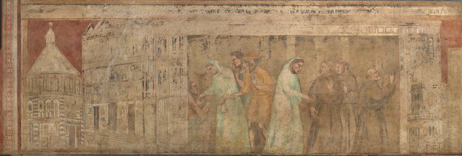 Pietro Nelli (attribuito), "Prima venuta dei Francescani a Firenze", fine del XIV secolo, affresco staccato dal loggiato superiore del primo chiostro. Firenze, basilica di Santa Croce, museo dell'Opera Pietro Nelli (attribuito), "Prima venuta dei Francescani a Firenze", fine del XIV secolo, affresco staccato dal loggiato superiore del primo chiostro. Firenze, basilica di Santa Croce, museo dell'Opera