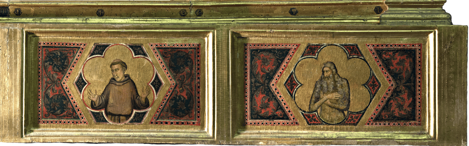 Giotto, “IOCTI”, particolare della “Incoronazione della Vergine tra angeli e santi (Polittico Baroncelli)", dopo il 1328, tempera su tavola. Firenze, Santa Croce, transetto destro, cappella Baroncelli