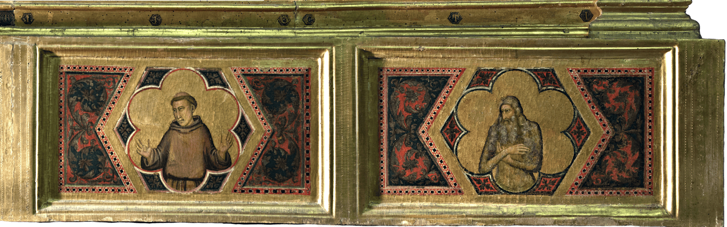 Giotto, “IOCTI”, particolare della “Incoronazione della Vergine tra angeli e santi (Polittico Baroncelli)", dopo il 1328, tempera su tavola. Firenze, Santa Croce, transetto destro, cappella Baroncelli Giotto, “IOCTI”, particolare della “Incoronazione della Vergine tra angeli e santi (Polittico Baroncelli)", dopo il 1328, tempera su tavola. Firenze, Santa Croce, transetto destro, cappella Baroncelli