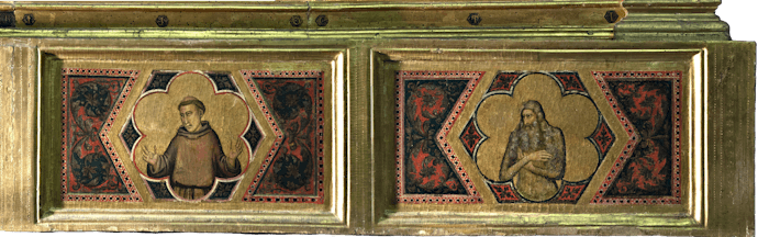 Giotto, “IOCTI”, particolare della “Incoronazione della Vergine tra angeli e santi (Polittico Baroncelli)", dopo il 1328, tempera su tavola. Firenze, Santa Croce, transetto destro, cappella Baroncelli Giotto, “IOCTI”, particolare della “Incoronazione della Vergine tra angeli e santi (Polittico Baroncelli)", dopo il 1328, tempera su tavola. Firenze, Santa Croce, transetto destro, cappella Baroncelli