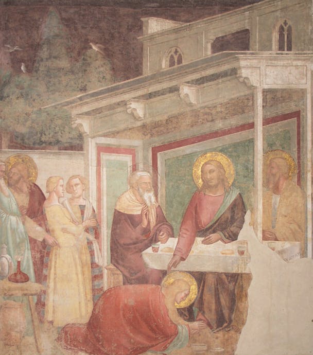 Taddeo Gaddi, "Cena di Gesù in casa del fariseo", scena dell' “Albero della Vita e Ultima Cena”, 1345-1350 circa, affresco staccato. Firenze, Santa Croce, Cenacolo Taddeo Gaddi, "Cena di Gesù in casa del fariseo", scena dell' “Albero della Vita e Ultima Cena”, 1345-1350 circa, affresco staccato. Firenze, Santa Croce, Cenacolo