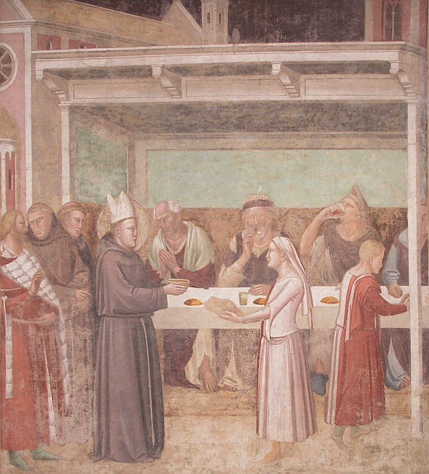 Taddeo Gaddi, "San Ludovico di Tolosa serve a mensa i poveri", scena dell' “Albero della Vita e Ultima Cena”, 1345-1350 circa, affresco staccato. Firenze, Santa Croce, Cenacolo Taddeo Gaddi, "San Ludovico di Tolosa serve a mensa i poveri", scena dell' “Albero della Vita e Ultima Cena”, 1345-1350 circa, affresco staccato. Firenze, Santa Croce, Cenacolo