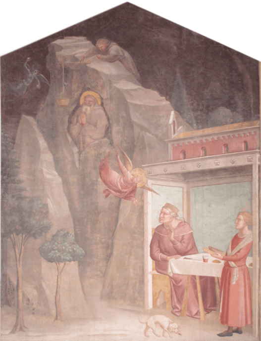 Taddeo Gaddi, "Un angelo ordina al sacerdote di portare il cibo a san Benedetto nell’eremitaggio", scena dell' “Albero della Vita e Ultima Cena”, 1345-1350 circa, affresco staccato. Firenze, Santa Croce, Cenacolo