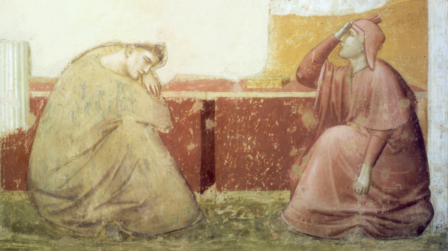 Giotto, “San Francesco appare a frate Agostino e al vescovo Guido di Assisi ", particolare delle "Storie di san Francesco", 1317-1325, affresco. Firenze, Santa Croce, transetto destro, cappella Bardi Giotto, “San Francesco appare a frate Agostino e al vescovo Guido di Assisi ", particolare delle "Storie di san Francesco", 1317-1325, affresco. Firenze, Santa Croce, transetto destro, cappella Bardi