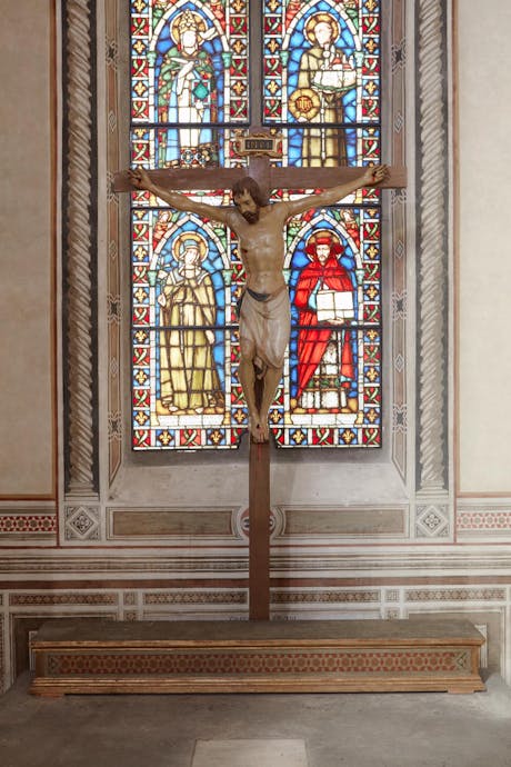 Donatello, “Crocifisso”, 1408-1409 circa, legno di pero intagliato e dipinto. Firenze, Santa Croce, transetto sinistro, cappella Bardi di Vernio Donatello, “Crocifisso”, 1408-1409 circa, legno di pero intagliato e dipinto. Firenze, Santa Croce, transetto sinistro, cappella Bardi di Vernio