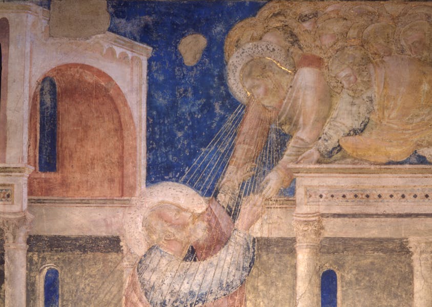 Giotto, “Storie di san Giovanni Battista e di san Giovanni Evangelista”, particolare, 1310-1311 circa, pittura murale. Firenze, Santa Croce, transetto destro, cappella Peruzzi  Giotto, “Storie di san Giovanni Battista e di san Giovanni Evangelista”, particolare, 1310-1311 circa, pittura murale. Firenze, Santa Croce, transetto destro, cappella Peruzzi