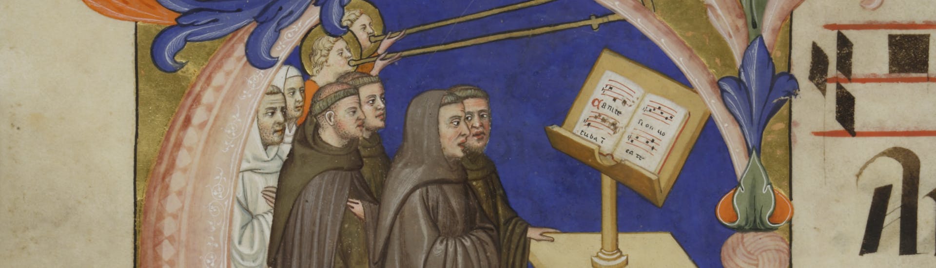 Don Simone Camaldolese e bottega, "Frati che cantano all'ambone", 1388-89, Antifonario B, f. 131v. Firenze, Santa Croce, Archivio Storico Don Simone Camaldolese e bottega, "Frati che cantano all'ambone", 1388-89, Antifonario B, f. 131v. Firenze, Santa Croce, Archivio Storico