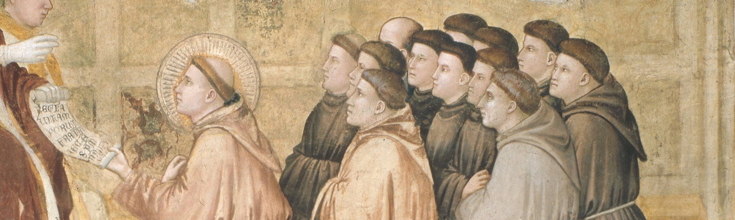 Giotto, “Approvazione della Regola francescana", particolare delle "Storie di san Francesco", 1317-1325, affresco. Firenze, Santa Croce, transetto destro, cappella Bardi Giotto, “Conferma della Regola francescana", particolare delle "Storie di san Francesco", 1317-1325, affresco. Firenze, Santa Croce, transetto destro, cappella Bardi