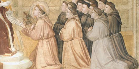 Giotto, “Approvazione della Regola francescana", particolare delle "Storie di san Francesco", 1317-1325, affresco. Firenze, Santa Croce, transetto destro, cappella Bardi Giotto, “Conferma della Regola francescana", particolare delle "Storie di san Francesco", 1317-1325, affresco. Firenze, Santa Croce, transetto destro, cappella Bardi