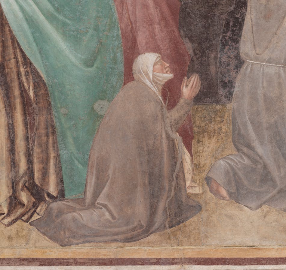 Taddeo Gaddi, "La committente Vaggia Manfredi", particolare dell' “Albero della Vita e Ultima Cena”, 1345-1350 circa, affresco staccato. Firenze, Santa Croce, Cenacolo Taddeo Gaddi, "La committente Vaggia Manfredi", particolare dell' “Albero della Vita e Ultima Cena”, 1345-1350 circa, affresco staccato. Firenze, Santa Croce, Cenacolo