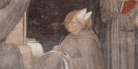 Taddeo Gaddi, "San Bonaventura da Bagnoregio", particolare dell' “Albero della Vita e Ultima Cena”, 1345-1350 circa, affresco staccato. Firenze, Santa Croce, Cenacolo Taddeo Gaddi, "San Bonaventura da Bagnoregio", particolare dell' “Albero della Vita e Ultima Cena”, 1345-1350 circa, affresco staccato. Firenze, Santa Croce, Cenacolo