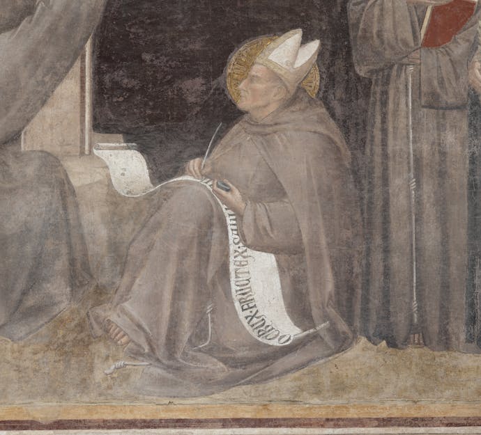 Taddeo Gaddi, "San Bonaventura da Bagnoregio", particolare dell' “Albero della Vita e Ultima Cena”, 1345-1350 circa, affresco staccato. Firenze, Santa Croce, Cenacolo Taddeo Gaddi, "San Bonaventura da Bagnoregio", particolare dell' “Albero della Vita e Ultima Cena”, 1345-1350 circa, affresco staccato. Firenze, Santa Croce, Cenacolo