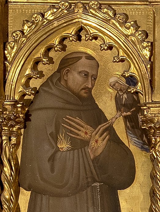 Giovanni del Biondo, “San Francesco sposa madonna Povertà”, particolare del “Polittico Rinuccini”, 1379, tempera su tavola. Firenze, Santa Croce, sagrestia, cappella Rinuccini