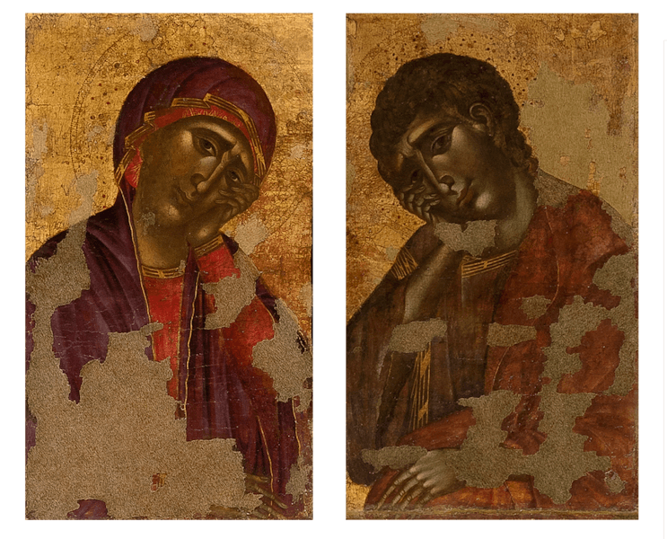 Cimabue, "Vergine e san Giovanni Evangelista dolenti", particolare del “Crocifisso”, prima del 1288, tempera su tavola. Firenze, Santa Croce, sagrestia