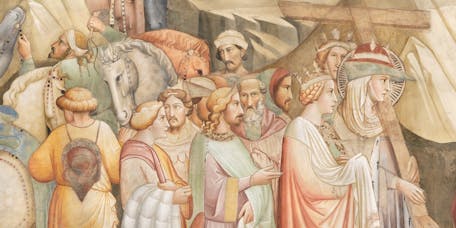 Agnolo Gaddi, "Elena porta la Vera Croce in Gerusalemme", particolare delle "Storie della Vera Croce", 1380-1390, affresco. Firenze, Santa Croce, navata centrale, cappella Maggiore Agnolo Gaddi, "Elena porta la Vera Croce in Gerusalemme", particolare delle "Storie della Vera Croce", 1380-1390, affresco. Firenze, Santa Croce, navata centrale, cappella Maggiore
