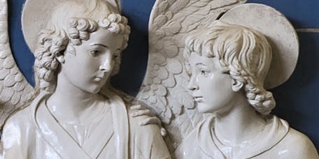 Andrea della Robbia, “Dossale per la compagnia di San Bartolomeo detta la Capanna”, particolare, 1475 circa, terracotta invetriata. Firenze, Santa Croce, Cappella Cerchi Andrea della Robbia, “Dossale per la compagnia di San Bartolomeo detta la Capanna”, particolare, 1475 circa, terracotta invetriata. Firenze, Santa Croce, Cappella Cerchi