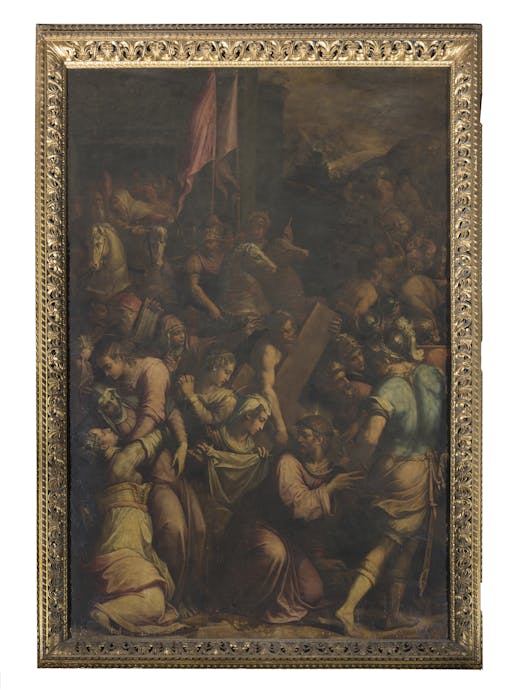 Giorgio Vasari, "Andata al Calvario e l’incontro con la Veronica", 1572, olio su tavola, prima del restauro. Firenze, Santa Croce, navata destra della basilica, seconda campata