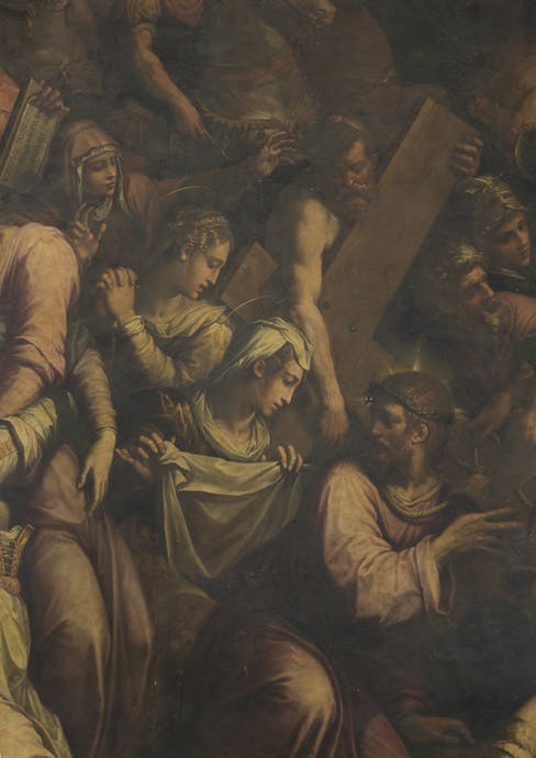 Giorgio Vasari, "Andata al Calvario e l’incontro con la Veronica", particolare, 1572, olio su tavola, prima del restauro. Firenze, Santa Croce, navata destra della basilica, seconda campata Giorgio Vasari, "Andata al Calvario e l’incontro con la Veronica", particolare, 1572, olio su tavola, prima del restauro. Firenze, Santa Croce, navata destra della basilica, seconda campata