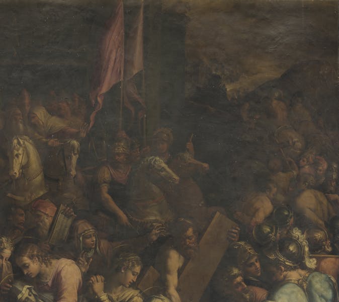 Giorgio Vasari, "Andata al Calvario e l’incontro con la Veronica", particolare, 1572, olio su tavola, prima del restauro. Firenze, Santa Croce, navata destra della basilica, seconda campata