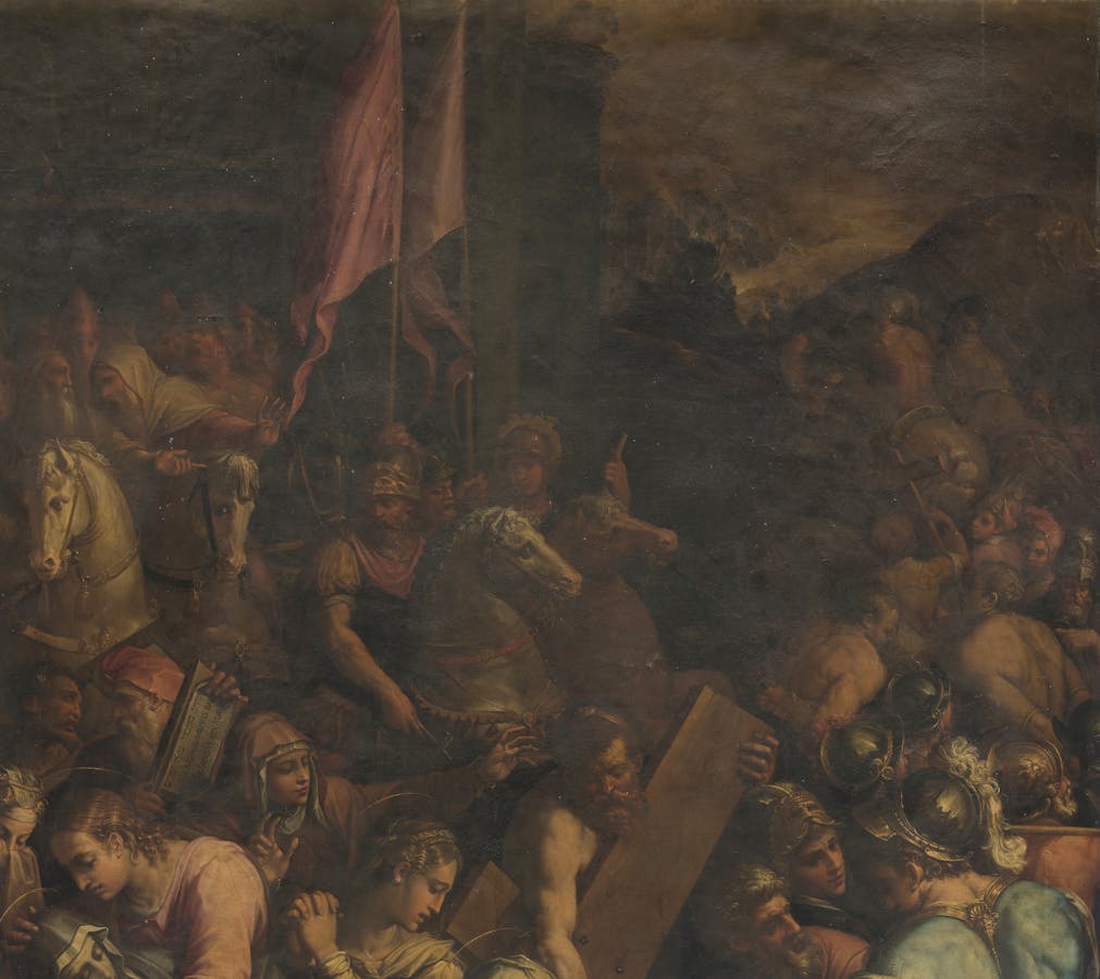 Giorgio Vasari, "Andata al Calvario e l’incontro con la Veronica", particolare, 1572, olio su tavola, prima del restauro. Firenze, Santa Croce, navata destra della basilica, seconda campata Giorgio Vasari, "Andata al Calvario e l’incontro con la Veronica", particolare, 1572, olio su tavola, prima del restauro. Firenze, Santa Croce, navata destra della basilica, seconda campata