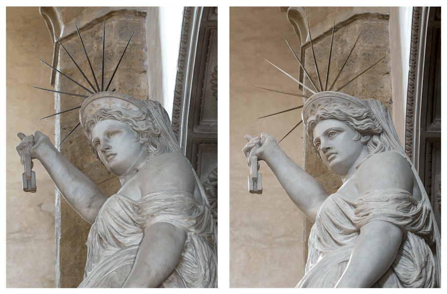 The comparison before and after the restoration