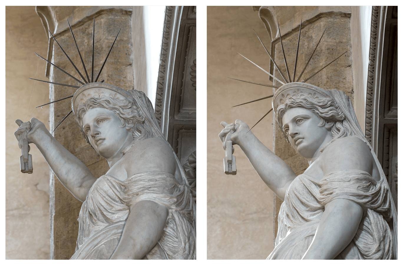 The comparison before and after the restoration