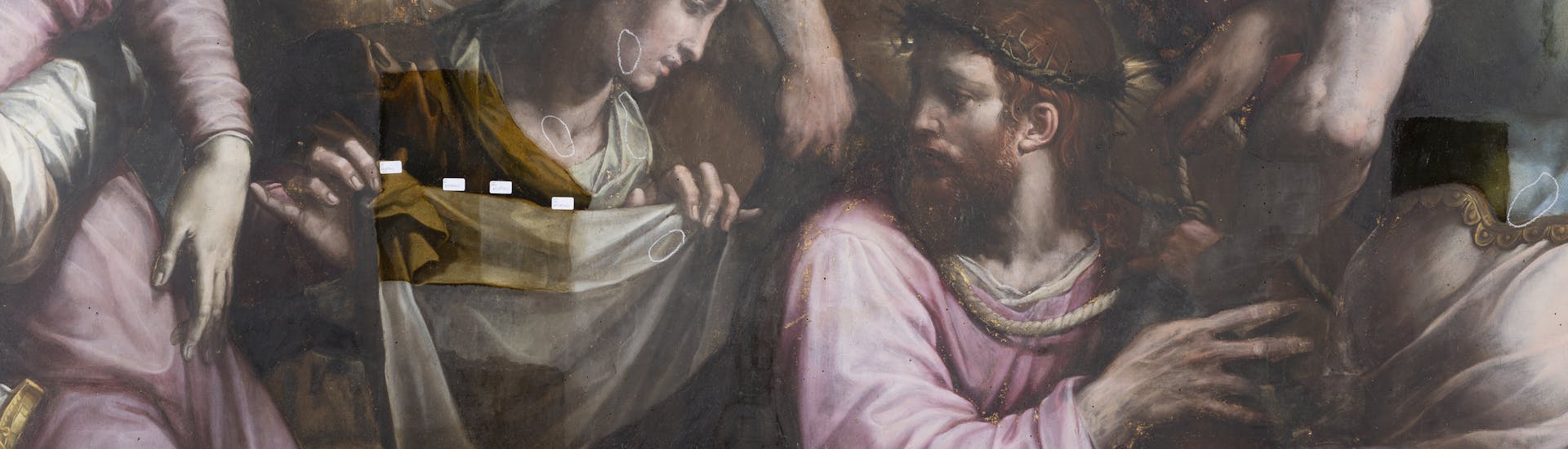 Giorgio Vasari, "Andata al Calvario e l’incontro con la Veronica", particolare, 1572, olio su tavola, dopo il restauro. Firenze, Santa Croce, navata destra Giorgio Vasari, "Andata al Calvario e l’incontro con la Veronica", particolare, 1572, olio su tavola, dopo il restauro. Firenze, Santa Croce, navata destra