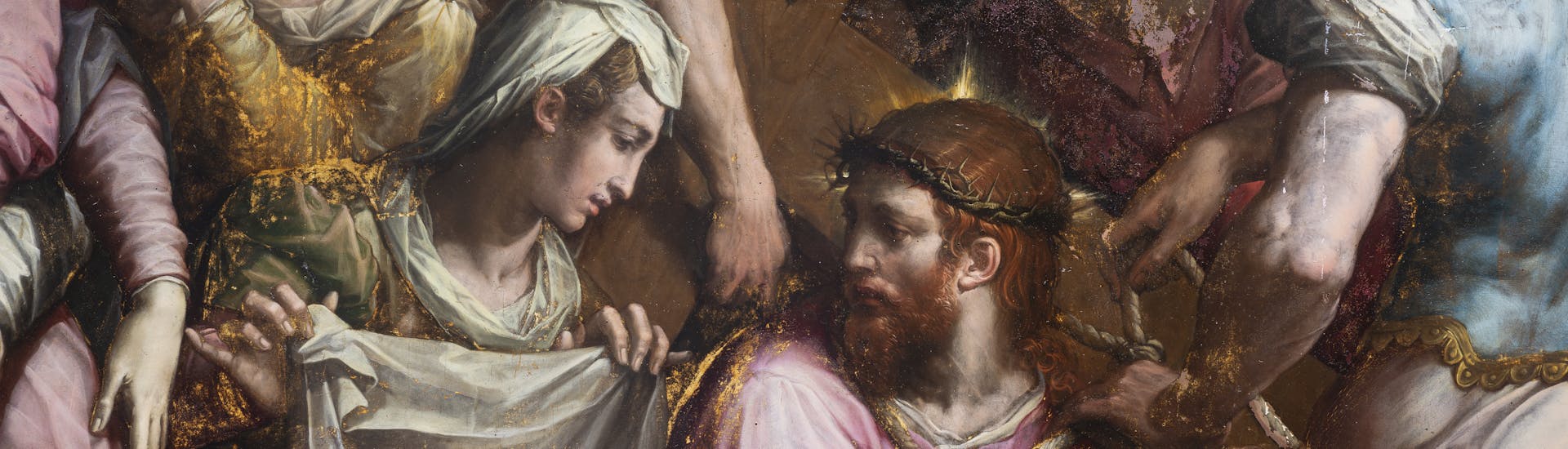 Giorgio Vasari, "Andata al Calvario e l’incontro con la Veronica", particolare, 1572, olio su tavola, dopo il restauro. Firenze, Santa Croce, navata destraola, durante il restauro. Firenze, Santa Croce, navata destra della basilica, seconda campata Giorgio Vasari, "Andata al Calvario e l’incontro con la Veronica", particolare, 1572, olio su tavola, dopo il restauro. Firenze, Santa Croce, navata destra