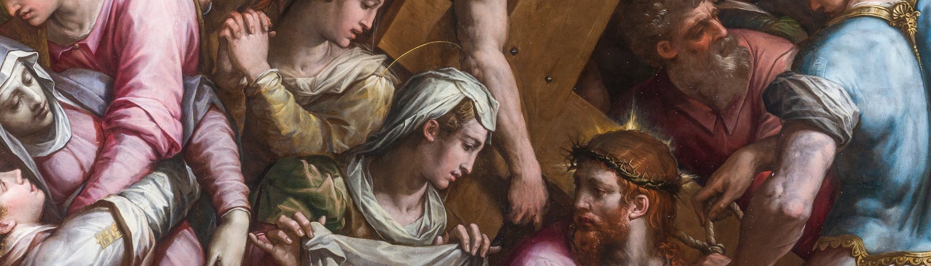 Giorgio Vasari, "Andata al Calvario e l’incontro con la Veronica", particolare, 1572, olio su tavola, dopo il restauro. Firenze, Santa Croce, navata destra Giorgio Vasari, "Andata al Calvario e l’incontro con la Veronica", particolare, 1572, olio su tavola, dopo il restauro. Firenze, Santa Croce, navata destra