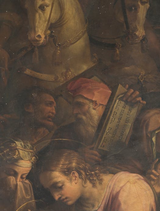 Giorgio Vasari, "Andata al Calvario e l’incontro con la Veronica", particolare, 1572, olio su tavola, dopo il restauro. Firenze, Santa Croce, navata destra