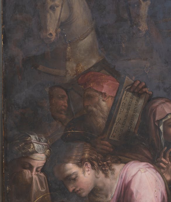 Giorgio Vasari, "Andata al Calvario e l’incontro con la Veronica", particolare, 1572, olio su tavola, dopo il restauro. Firenze, Santa Croce, navata destra